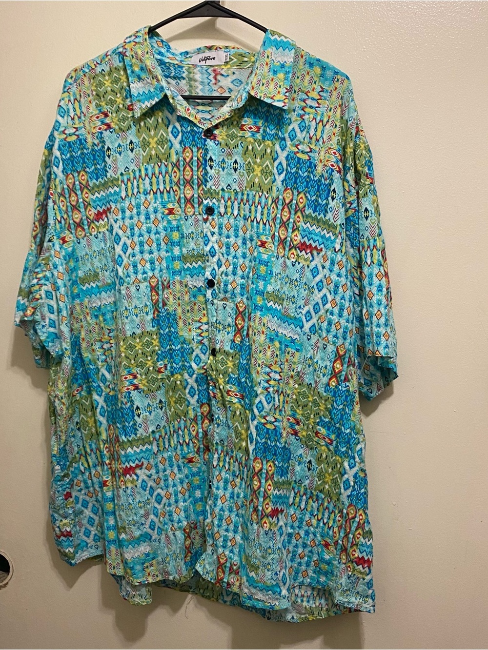 Vatpave Mens 3XL XXXL 58” Aztec Tribal Button Down Shirt Turquoise Blue Print